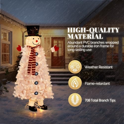VINGLI 6ft Snowman Christmas Tree with 220 LED Lights, 708 Tips Artificial Xmas Tree, 10 Light Modes, Festive Indoor Christmas Decor for Holiday Party and Home Pre-Lit Design