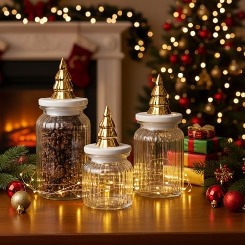 Mimorou 3 Set Christmas Glass Jars with Lids 44oz 33oz 22oz Ceramic Christmas Tree Candy Jars Airtight Xmas Glass Food Storage Containers for Xmas Party Tea Cookie Snacks Sugar