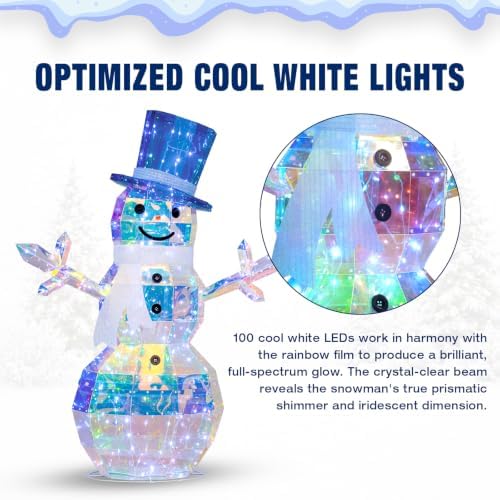 Hykolity 4 FT 2.5D Iridescent Prismatic Lighted Snowman, Outdoor Christmas Snowman Decoration with 100 Cool White LED Lights, Top Hat and Scarf for Yard, Lawn and Porch