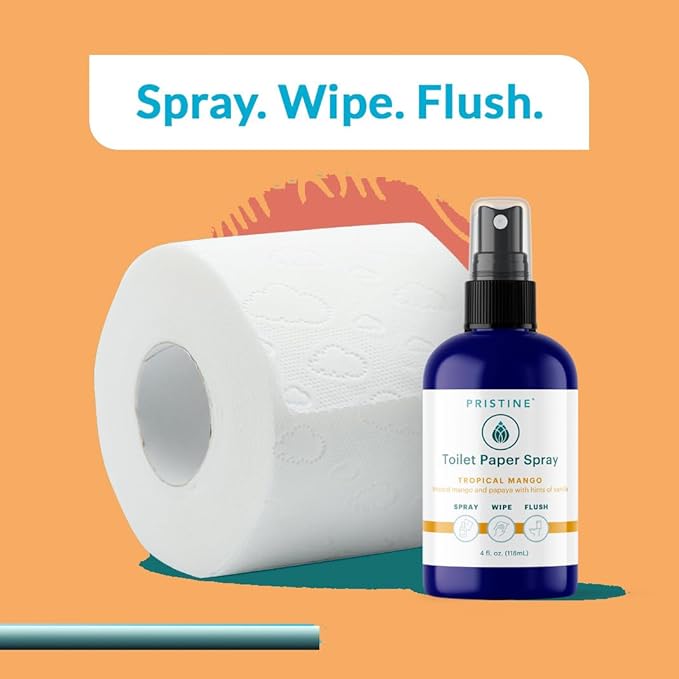 PRISTINE Toilet Paper Spray, As Seen on Shark Tank, Flushable Wipe Alternative, Personal Cleansing Bathroom Spray for Regular Toilet Tissue, Bidet Alternative, Made in USA, Tropical Mango, 1oz Travel