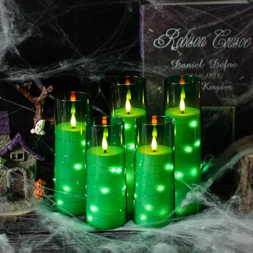 kakoya Flameless LED Candles with Timer 5 Pc Flickering Flameless Candles for Romantic Ambiance and Home Decoration Stable Acrylic Shell,with Embedded Star String，Battery Operated Candles（Green）