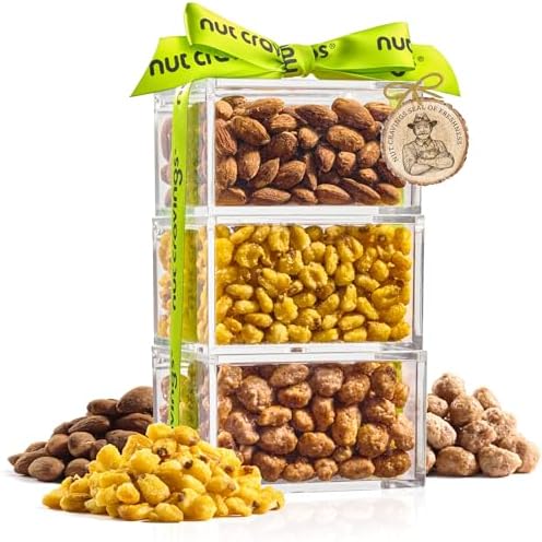 NUT CRAVINGS - Mixed Nuts Acrylic Tower Gift Basket (3 Tier Assortment)