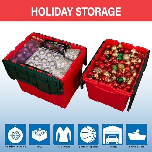 Akro-Mils 66497RDGRN 18 Gallon Plastic Stackable Storage KeepBox Tote Container with Hinged Attached Lid, 21-Inch L x 15-Inch W x 17-Inch H, Red/Green