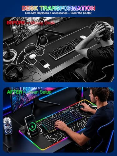 RGB Mouse Pad with Foldable Phone Stand Wireless Charger, 31.5"x11.8" XL Gaming Mousepad Large Desk Mat, Desk Pad with 11 Colors 5 Modes, Waterproof