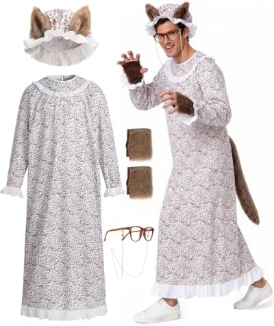 Big Bad Wolf Costume Adult, 5-Piece Granny Wolf Outfit for Men and Women