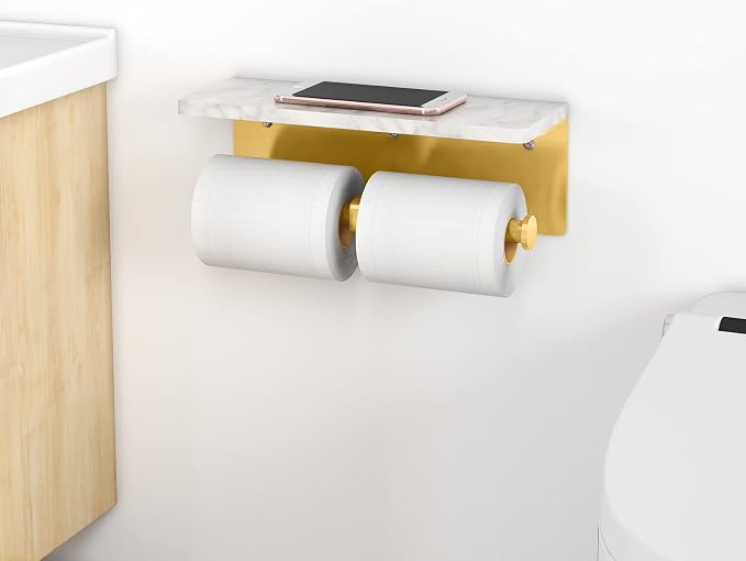 Gypie Brushed Gold Toilet Paper Holder with Marble Shelf, Double Rolls | Toilet Paper Holder with Storage, Toilet Paper Wall Mount for Bathroom Washroom