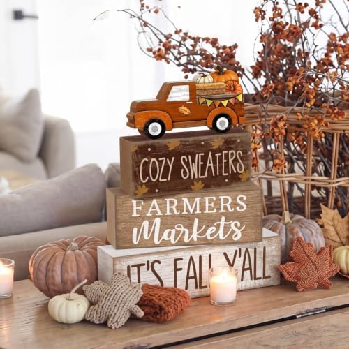 Lineshading 4 Pcs Fall Truck Table Decor, Its Fall Yall Wooden Block Signs