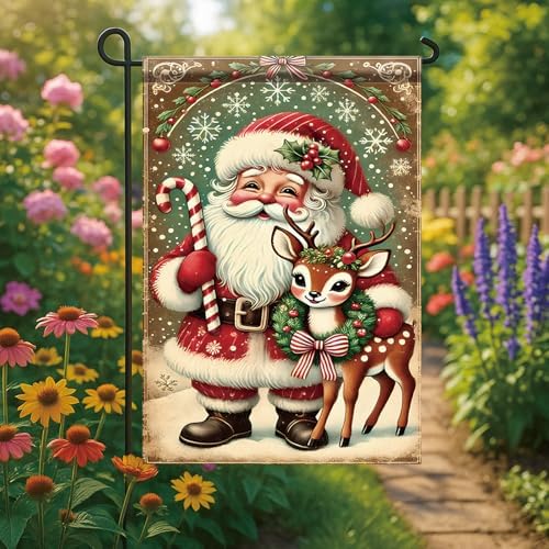 Christmas Garden Flag Santa Claus with Reindeer Flag Holiday Outdoor Yard Decoration 12x18 Inch Double Sided Winter Banner Candy Cane Snowflake Wreath Seasonal Lawn Porch Patio Decor
