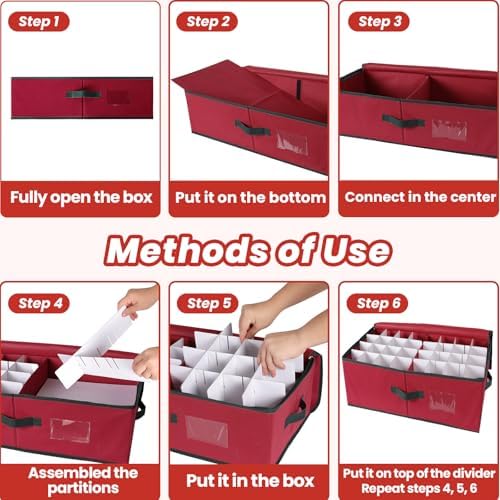 BlessedSeason Christmas Ornament Storage Box with Adjustable Dividers, Cube Storage Containers Organizer *2, Stackable Storage Bins Fit Balls (36 PCS 4’’ & 64 PCS 3”) Dual Zipper, Handles, Visual Slot