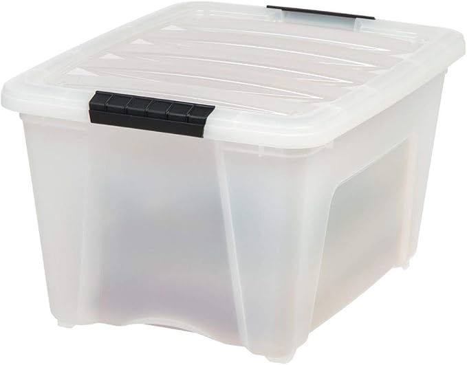 IRIS USA 32 Qt Stackable Plastic Storage Bins with Lids, 6 Pack - BPA-Free, Made in USA - Discreet Organizing Solution, Latches, Durable Nestable Containers, Secure Pull Handle - Pearl