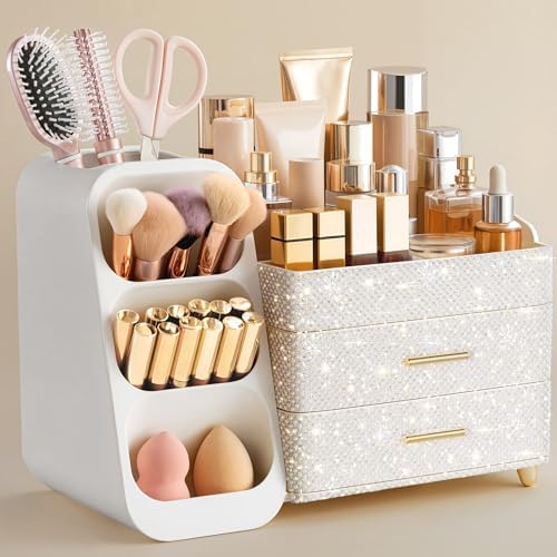 HBlife Makeup Organizer with Brush Holder for Vanity, Large Plastic Bathroom Countertop Organizer Skin Care Storage, Easy to Store Nail Polishes, Perfumes, Eyeshadow Palettes, Pearl All White