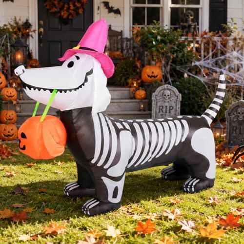 GOOSH 5.5 FT Halloween Inflatables Outdoor Decorations Skeleton Puppy Inflatable Yard Decoration with Build-in LEDs Blow Up Pumpkin for Halloween Party Indoor Outdoor Yard Garden