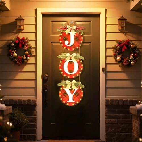 Lighted Christmas Joy Door Sign, Wooden Buffalo Plaid Decor with LED Lights