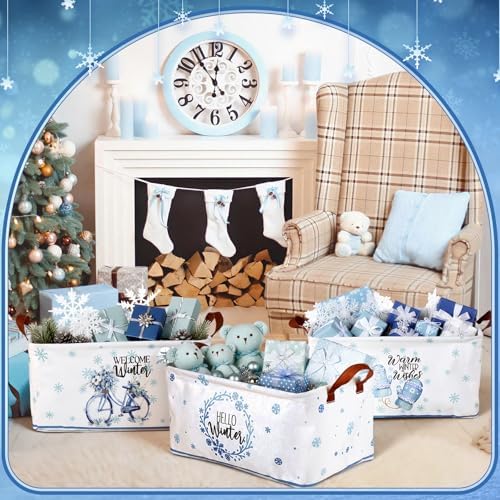 CHENGU 6 Pack Winter Storage Basket Collapsible Snowflakes Basket for Gifts Gnomes Holiday Decor Large Snowman Bin Foldable Blue Hello Winter Box with Handle for Bedroom Office Home