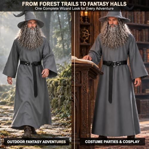 Wizard Halloween Costumes for Men with Gray Robe Hat Wig Beard