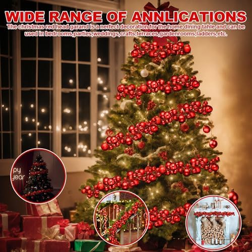 2 Pcs 6 ft Christmas Ball Ornament Garland, Mixed Red