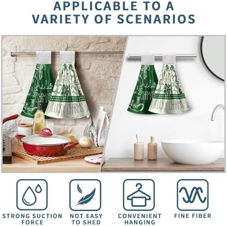St Patrick's Day Shamrocks Hanging Hand Towels Set of 2 Lucky Charm Green Clover Kitchen Towel with Hanging Loop Seasonal Spring Fingertip Bath Towels Soft Absorbent Dish Tie Towel