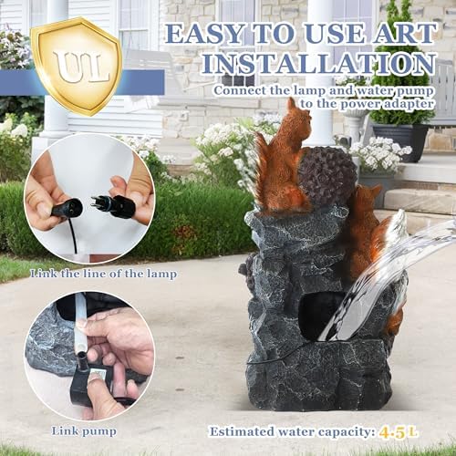 Grepatio Outdoor 4-Tiers Cascading Water Fountain, Waterfall Fountain with 4 LED Lights, Outdoor Fountains and Waterfalls for Garden or Patio, Yard, Deck, Decor with 3 Squirrel Look