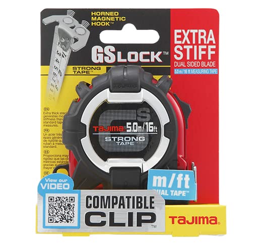 TAJIMA Tape Measure - 16ft/5m x 1in GS-Lock Measuring Tape with Compatible Clip & Horned Magnetic Hook - GS-MC16/5MBW
