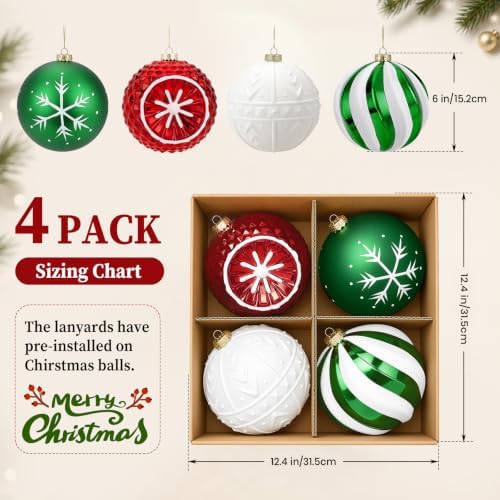 SHareconn 4ct 6 Inch Large Christmas Tree Balls Ornaments, Red&Green White