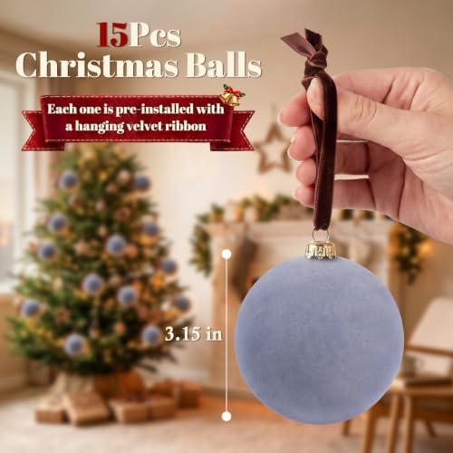 TOWPONICS 3.15 Inch Blue Velvet Christmas Tree Ornaments Balls, 15 Pcs