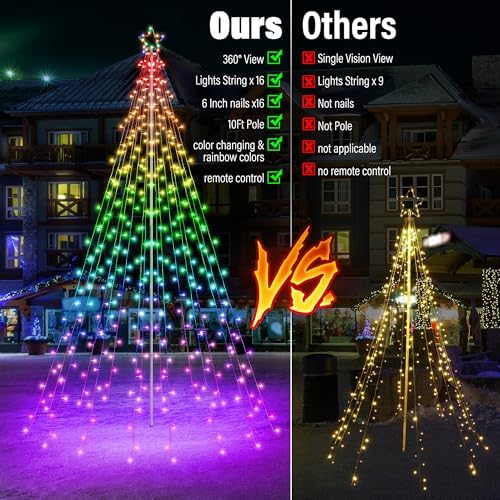 10 FT Outdoor Christmas Tree Lights, 408 RGB LEDs with Star, Pole & Remote
