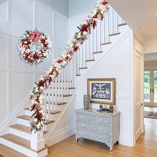 WANNA-CUL Pre-Lit 9ft Christmas Garland with Lights 50 LED Red White Bauble