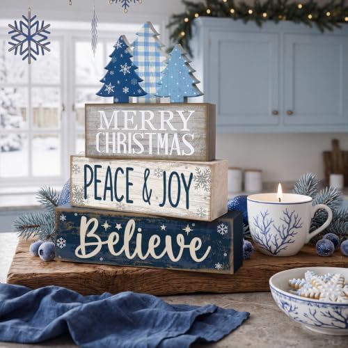 Moucuny 4 Pcs Christmas Table Decorations Blue Christmas Tree Stacked Wooden Sign Decor Rustic Winter Tiered Tray Decor Blue and White Xmas Table Centerpiece Farmhouse for Home Kitchen Shelf