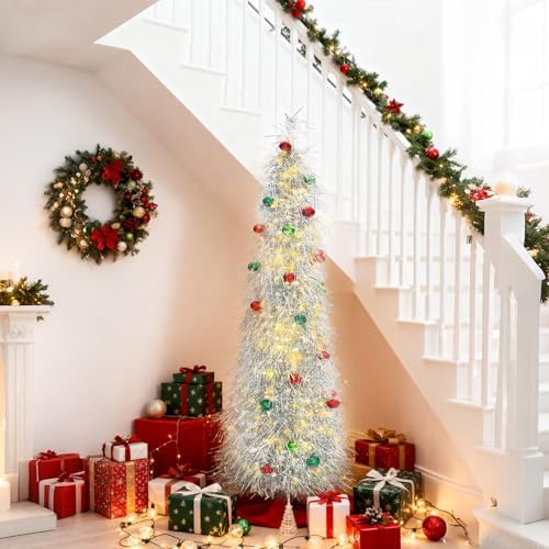 Christmas Tree 6FT Artificial Xmas Decor Pop Up with Decoration Silver