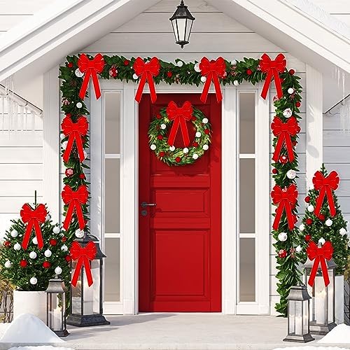 Lenwen 12 Pcs Large Christmas Velvet Bows Xmas Tree Topper,Red