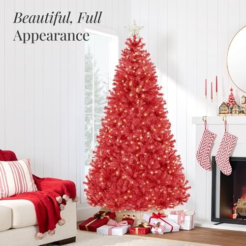 Best Choice Products 4.5ft Pre-Lit Red Christmas Tree, Full Artificial Holiday Decoration w/ 362 Branch Tips, 175 Lights, Foldable Base