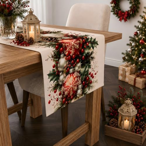 Christmas Decorations - Xmas Balls Snowflake Pine Cone Table Runner