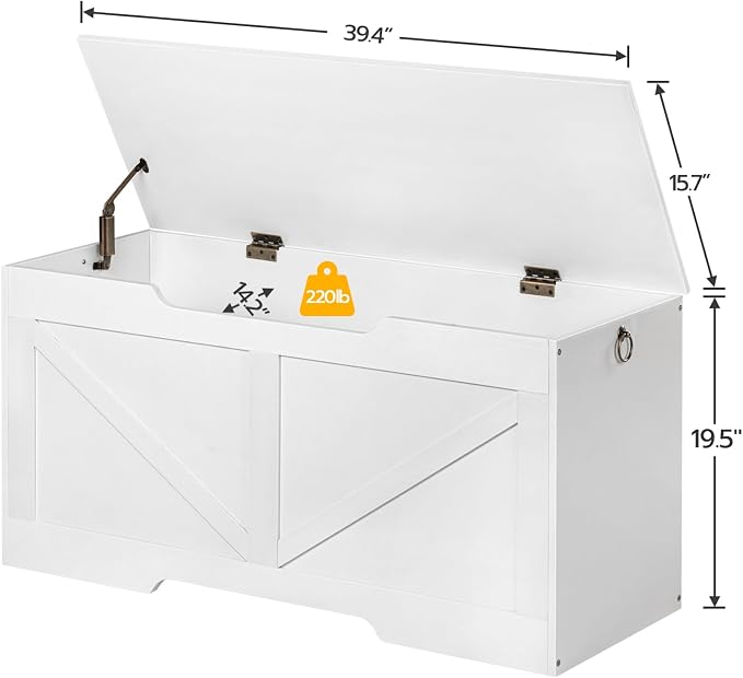 HOOBRO Storage Bench, 39.4” Retro Wooden Storage Chest with U-Shaped Cut-Out Pull, Safety Hinge, Supports 220 lb and Easy Assembly for Toy Box Organizer (White) WT771CW01G1