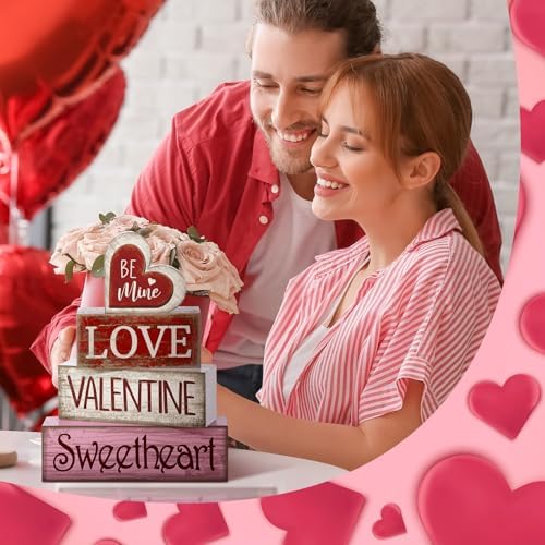 Lineshading 4 Pcs Valentines Day Table Decorations, Be Mine Wood Heart Sign