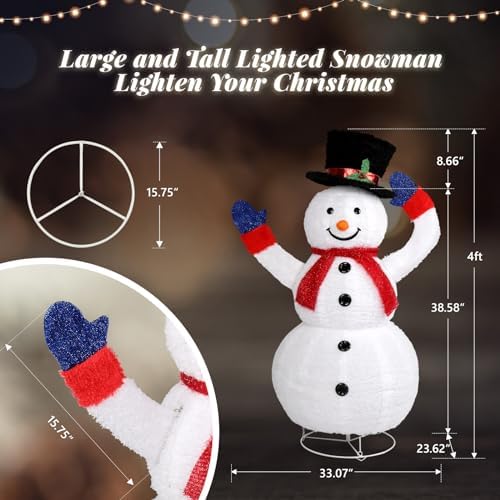 VINGLI 4FT Auto-Waving Outdoor Snowman Christmas Decorations, Lighted Pop Up Snowman w/120 LED Lights, Moving Hat, Red Scarf, Ground Stakes for Indoor, Yard, Outside Xmas Decor