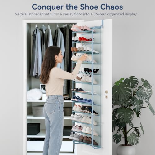 Whitmor 36 Pair Over the Door Shoe Rack,12 Tier Hanging Shoe Organizer with Metal Frame & Mesh shelves, Heavy Duty Shoe Storage Holder for Door,No Drill Installation, 74" H x 21.7" W x 7.5" D, Blue