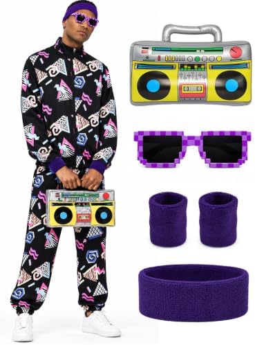 Men's 80s Outfit, Neon Retro Tracksuit for Halloween Party Costume