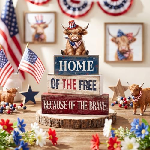 Moucuny 4 Pcs 4th of July Wooden Signs Patriotic Tiered Tray Decor