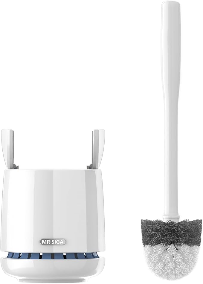 MR.SIGA Toilet Bowl Brush and Holder, Premium Quality, with Solid Handle and Durable Bristles for Bathroom Cleaning, White, 2 Pack