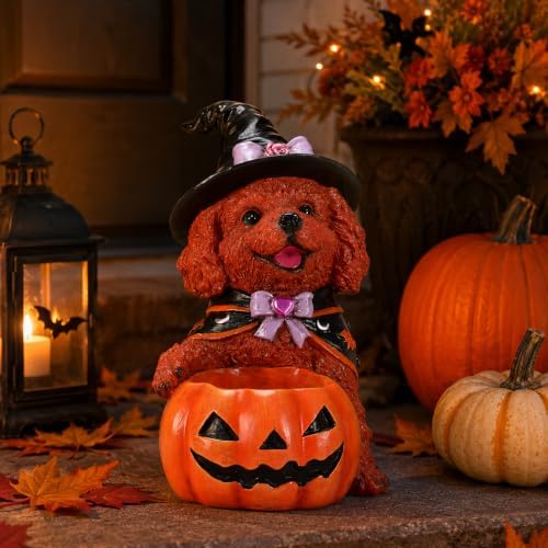 Halloween Dog Decor, Brown Witch Puppy Figurine with Pumpkin Candy Bowl