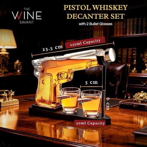 Whiskey Gun Decanter Set + 2 Bullet Glasses - Birthday Pistol Gifts for Men, Boyfriends Who Have Everything, Whiskey Gifts for Dad, Father, Husband, Boyfriend & Military Enthusiasts, Liquor Dispenser