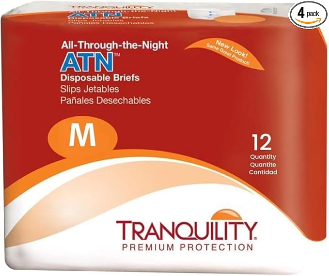 Tranquility Premium ATN Disposable Briefs with Tabs, Overnight Protection Superabsorbent Core for Leak-Free and Full-Fit Comfort, Medium 48ct Case