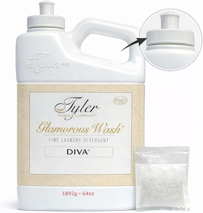 Tyler Candle Glam Liquid Wash Detergent Wash, Liquid, Diva, 64 Fl oz/with Dryer Sachet Single Pouch, Pull and Pour Spill Proof Cap FH