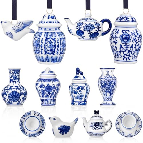 Peryiter 12 Pieces White Blue Christmas Ornaments Chinoiserie Porcelain Christmas Ornaments Mini Ginger Jar for Xmas Tree Decoration(Vivid)