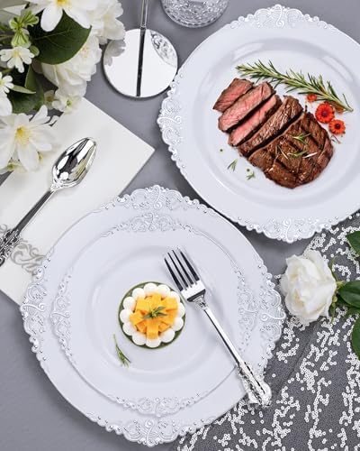 Nervure 700Pcs Silver Plastic Plates, Plastic Dinnerware Set for 100 Guests
