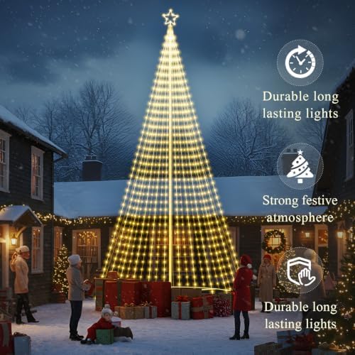 Riakrum 25ft-4072 LEDs Flagpole Christmas Tree Lights Outdoor Decorations with Star Topper, 8 Lighting Modes Pre-lit LED Flag Pole Christmas Tree Lighted Multicolor, Xmas Outside Yard Decoration