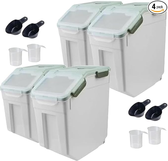 4 Pack Grain Food Storage Container, 20LB Airtight Rice Bin Storage Bucket with Spoon and Measuring Cup, Large Flour Dispenser Container Set 80LB Total Capacity, Green