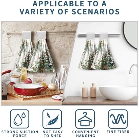Christmas Tree Hanging Hand Towels Set of 2 Winter Cardinal Snow Xmas Pine Trees Kitchen Towels with Hanging Loop Nature Forest Dish Towel Soft Absorbent Bath Tie Towel for Bathroom Farmhouse Decor