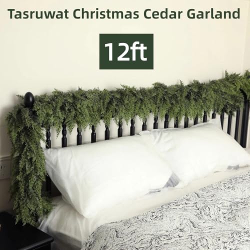 12FT Extra Full Christmas Cedar Garland Artificial Realistic Soft Thick Lush Cedar Pine Garland for Fireplace Mantel Stairs Indoor Outdoor