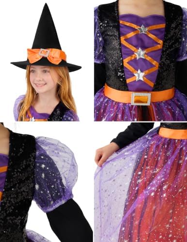 Spooktacular Creations Witch Costume Kids, Light Up Halloween Costumes Witch Dress with Hat and Broom for Girls, Sweet Wizard Set for Toddler Scary Halloween Themed Parties, Orange, 3T